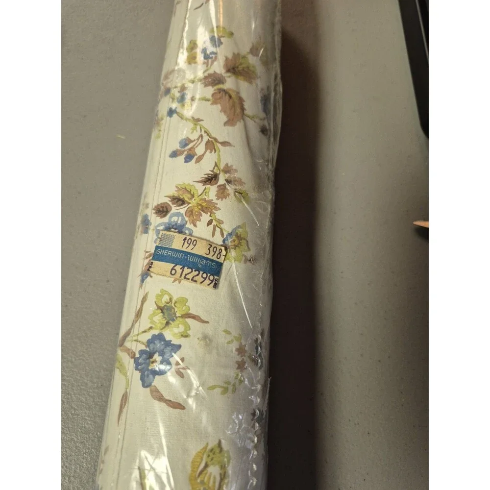Vintage Vinyl Floral Wallpaper Blue Brown Green Textured Feel